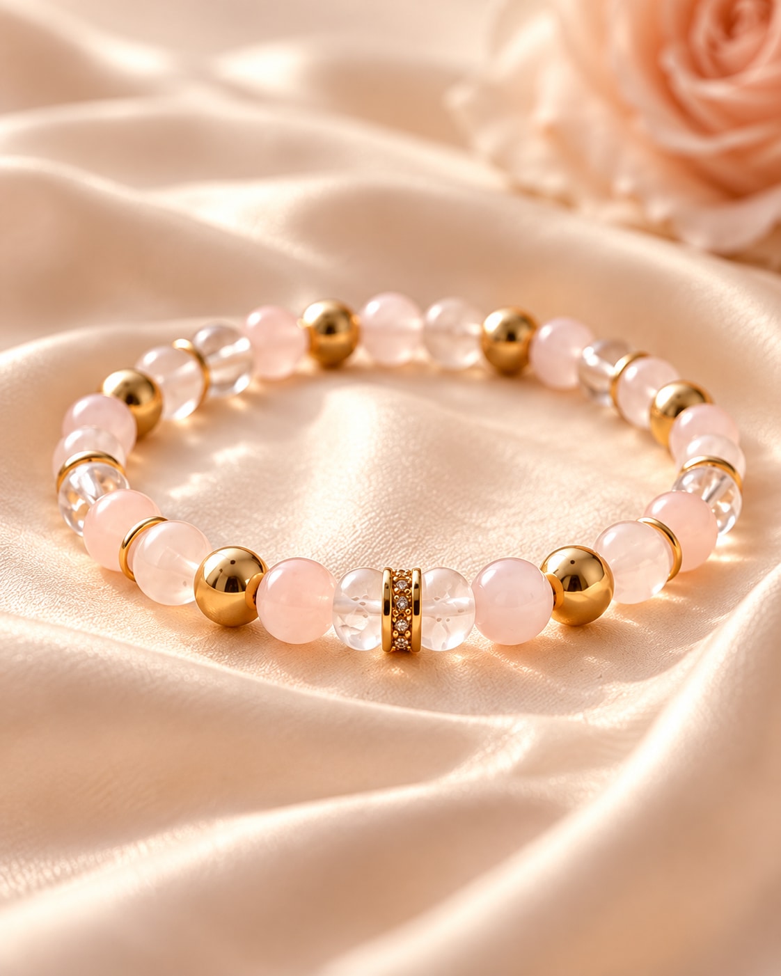 The Rose Edit study: a blush and gold-tone beaded bracelet on softly lit satin.